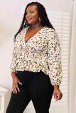 Double Take Printed Tied Plunge Peplum Blouse - Trendsi - Flyclothing LLC