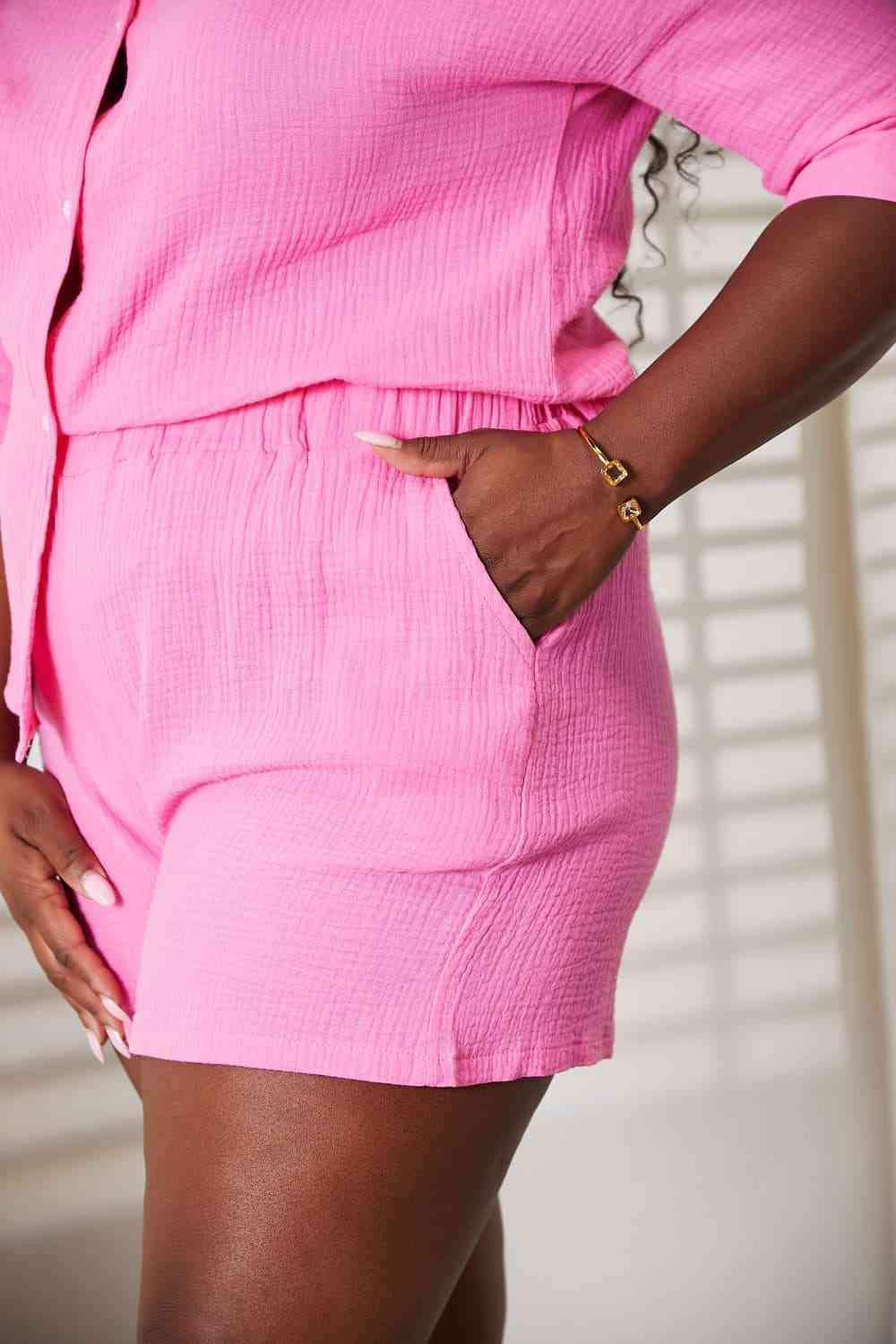 Double Take Textured Shirt and Elastic Waist Shorts Set - Trendsi - Flyclothing LLC
