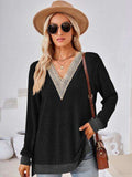 Crochet Contrast V-Neck Long Sleeve Slit T-Shirt - Trendsi - Flyclothing LLC