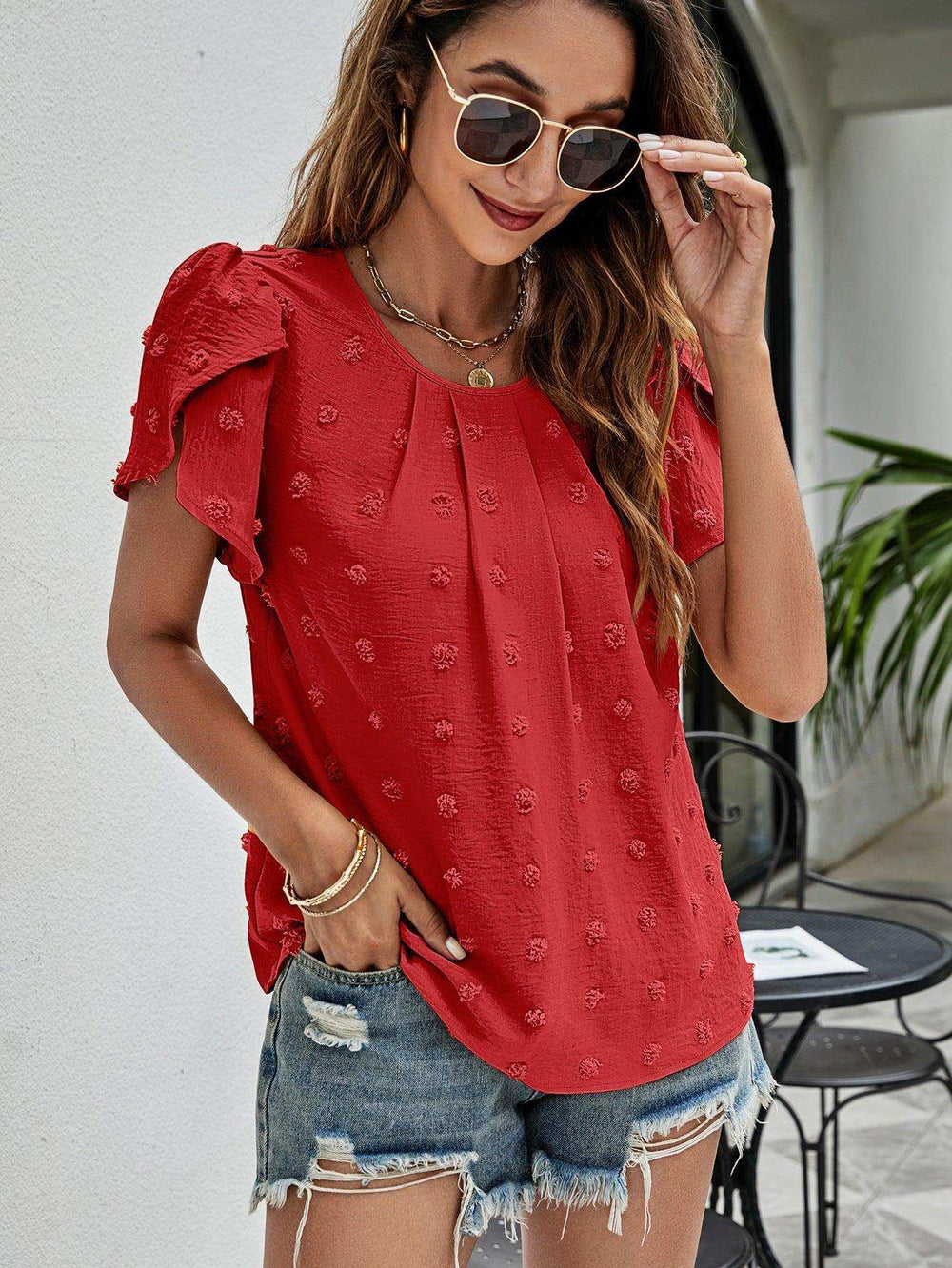 Swiss Dot Round Neck Petal Sleeve Top - Trendsi - Flyclothing LLC