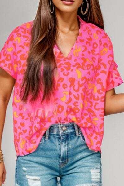 Printed V-Neck Cap Sleeve Blouse - Trendsi - Flyclothing LLC