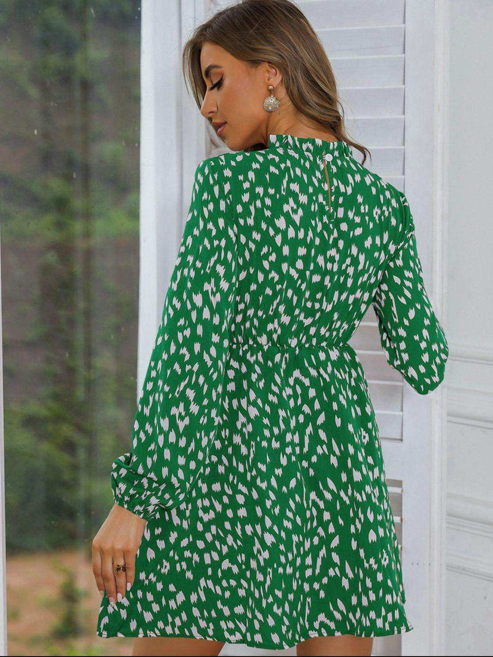 Printed Frill Neck Long Sleeve Dress - Trendsi - Flyclothing LLC