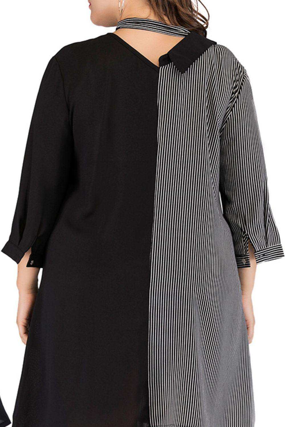Plus Size Striped Color Block Tie-Neck Dress - Trendsi - Flyclothing LLC