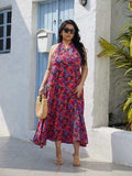 Plus Size Slit Floral Halter Neck Dress - Trendsi - Flyclothing LLC