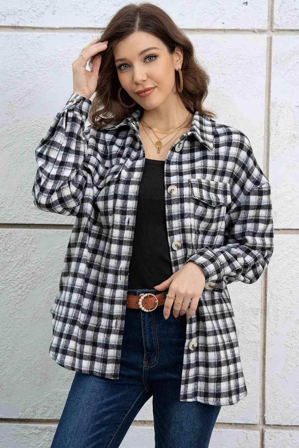 Plaid Dropped Shoulder Shirt Jacket - Trendsi - Flyclothing LLC