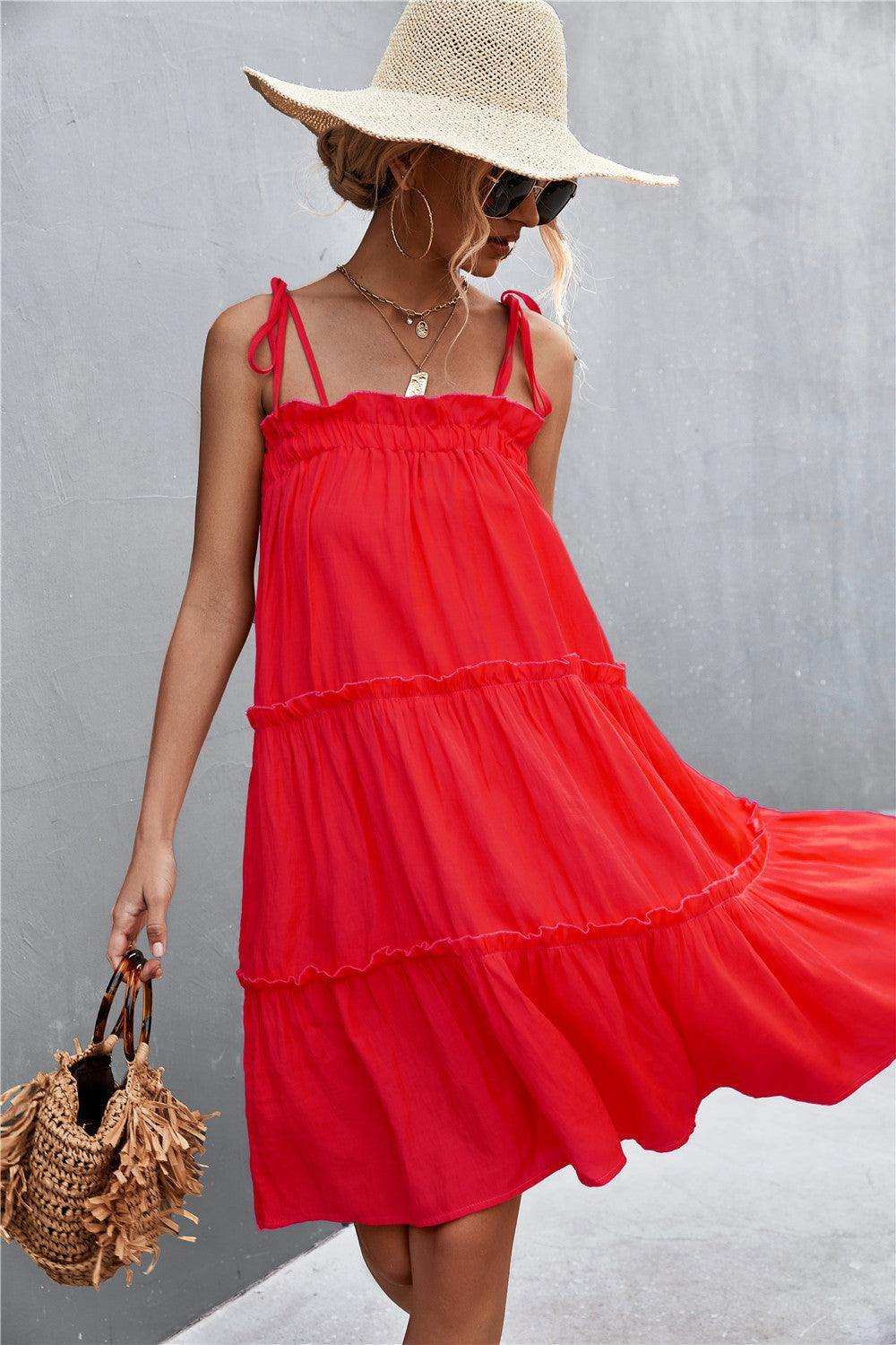 Tie-Shoulder Frill Trim Sleeveless Dress - Trendsi - Flyclothing LLC