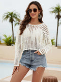 Fringe Trim Openwork Long Sleeve Cover-Up - Trendsi - Flyclothing LLC