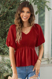 Smocked Balloon Sleeve Peplum Blouse - Trendsi - Flyclothing LLC