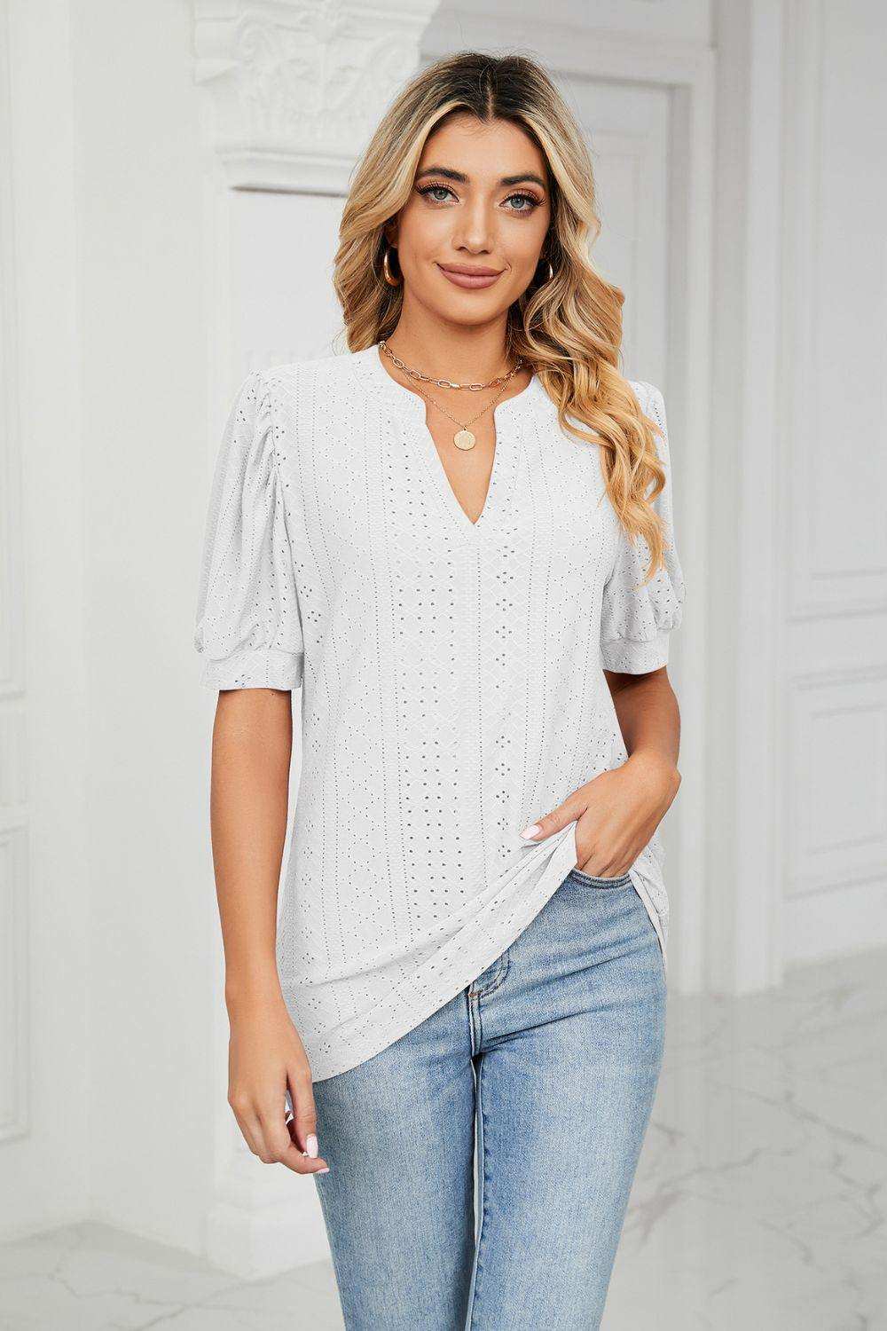 Eyelet Short Puff Sleeve Notched Neck Top - Trendsi - Flyclothing LLC