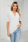 Eyelet Short Puff Sleeve Notched Neck Top - Trendsi - Flyclothing LLC