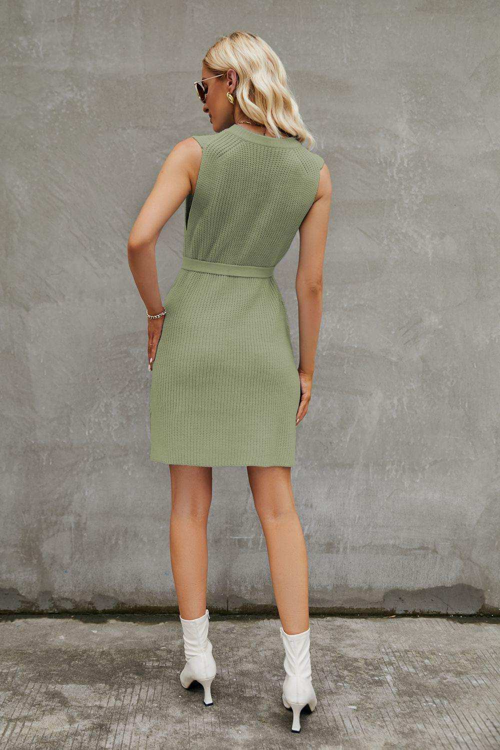 Round Neck Slit Sleeveless Sweater Dress - Trendsi - Flyclothing LLC