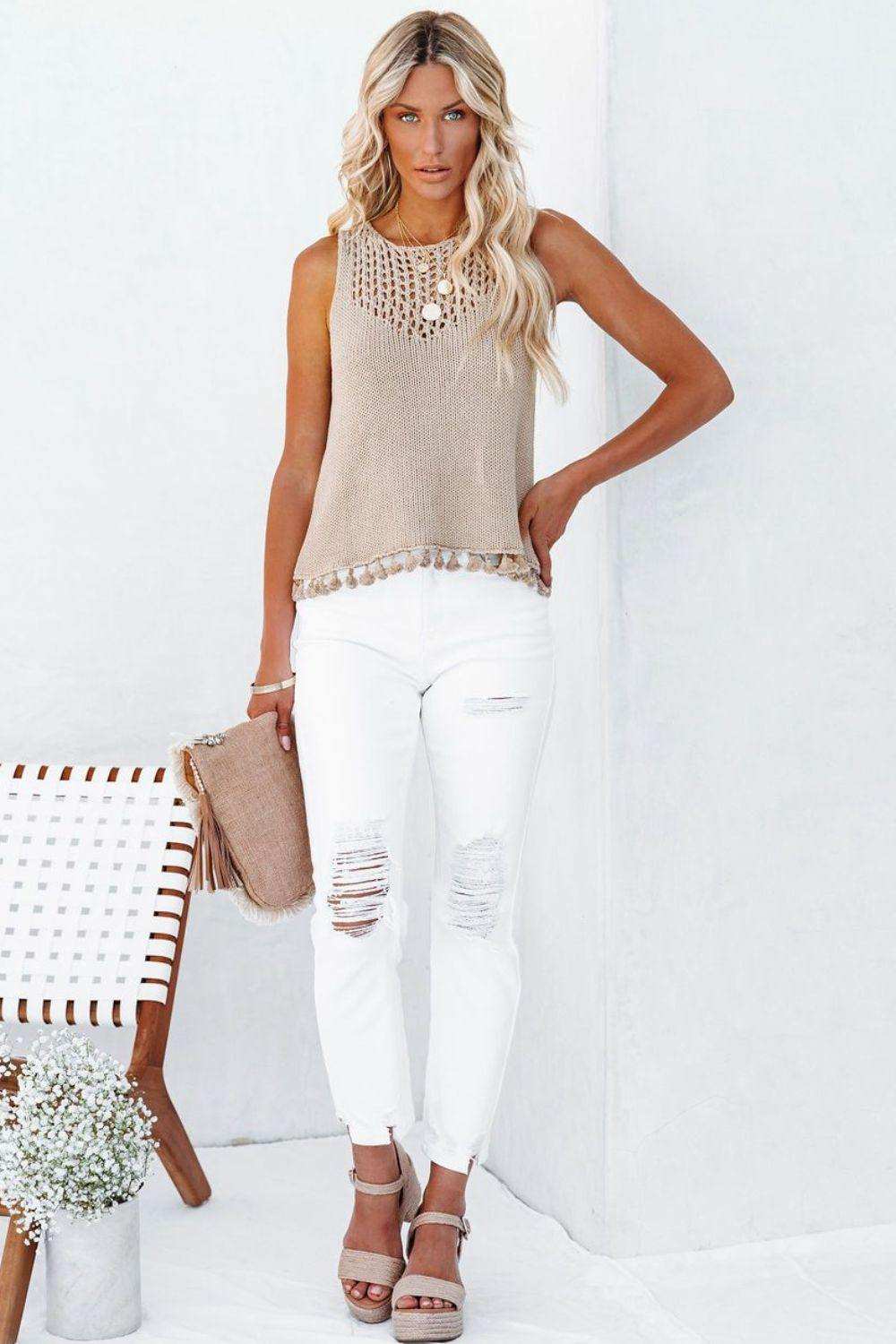 Openwork Tassel Hem Knit Tank - Trendsi - Flyclothing LLC