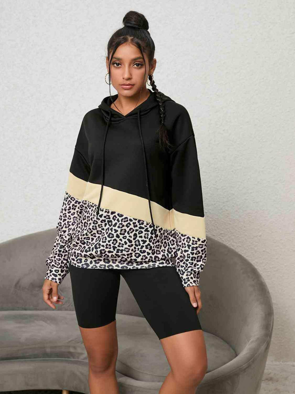 Leopard Color Block Hoodie - Trendsi - Flyclothing LLC
