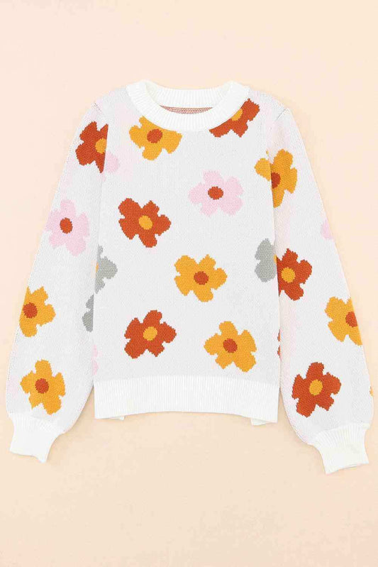 Floral Round Neck Sweater - Trendsi - Flyclothing LLC