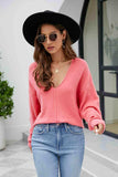V-Neck Drop Shoulder Long Sleeve Knit Top - Trendsi - Flyclothing LLC