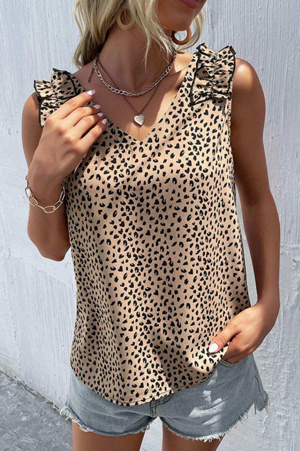 Leopard Frill Trim V-Neck Tank - Trendsi - Flyclothing LLC