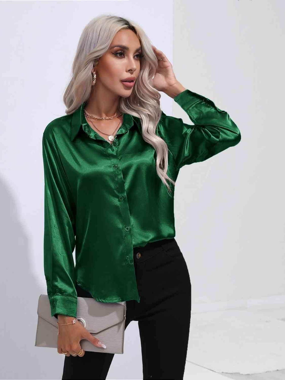 Collared Neck Buttoned Long Sleeve Shirt - Trendsi - Flyclothing LLC