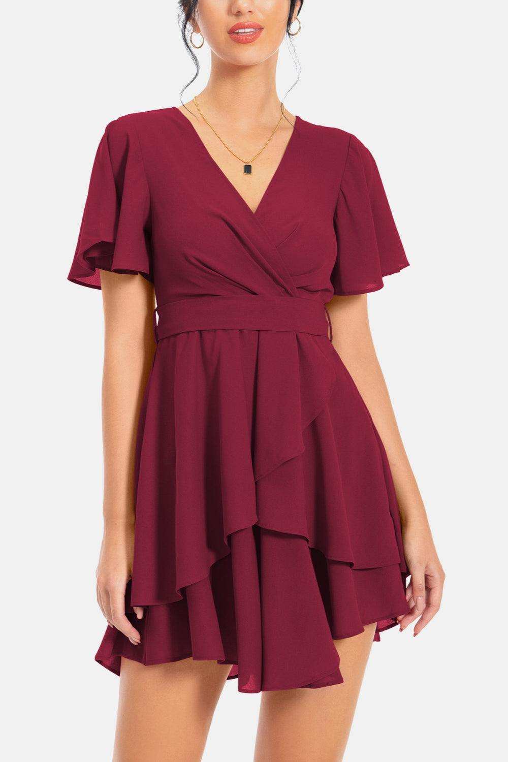 Surplice Neck Flutter Sleeve Dress - Trendsi - Flyclothing LLC