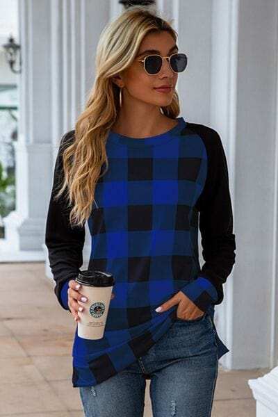 Plaid Round Neck Long Sleeve T-Shirt - Trendsi - Flyclothing LLC