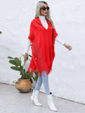 Fringe Trim Buttoned Hooded Poncho - Trendsi - Flyclothing LLC