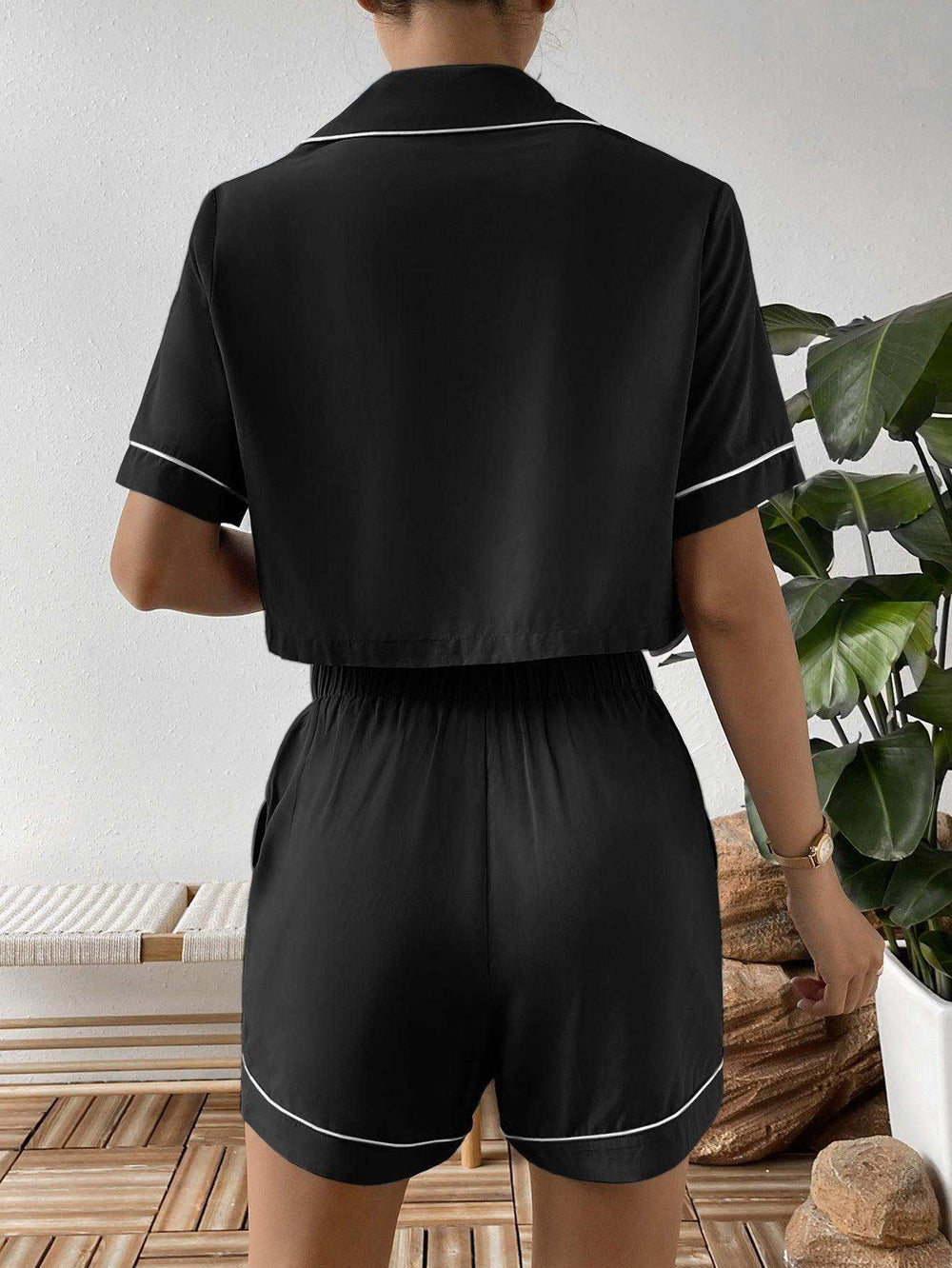 Contrast Lapel Collar Cropped Shirt and Shorts Lounge Set - Trendsi - Flyclothing LLC