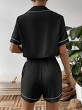 Contrast Lapel Collar Cropped Shirt and Shorts Lounge Set - Trendsi - Flyclothing LLC