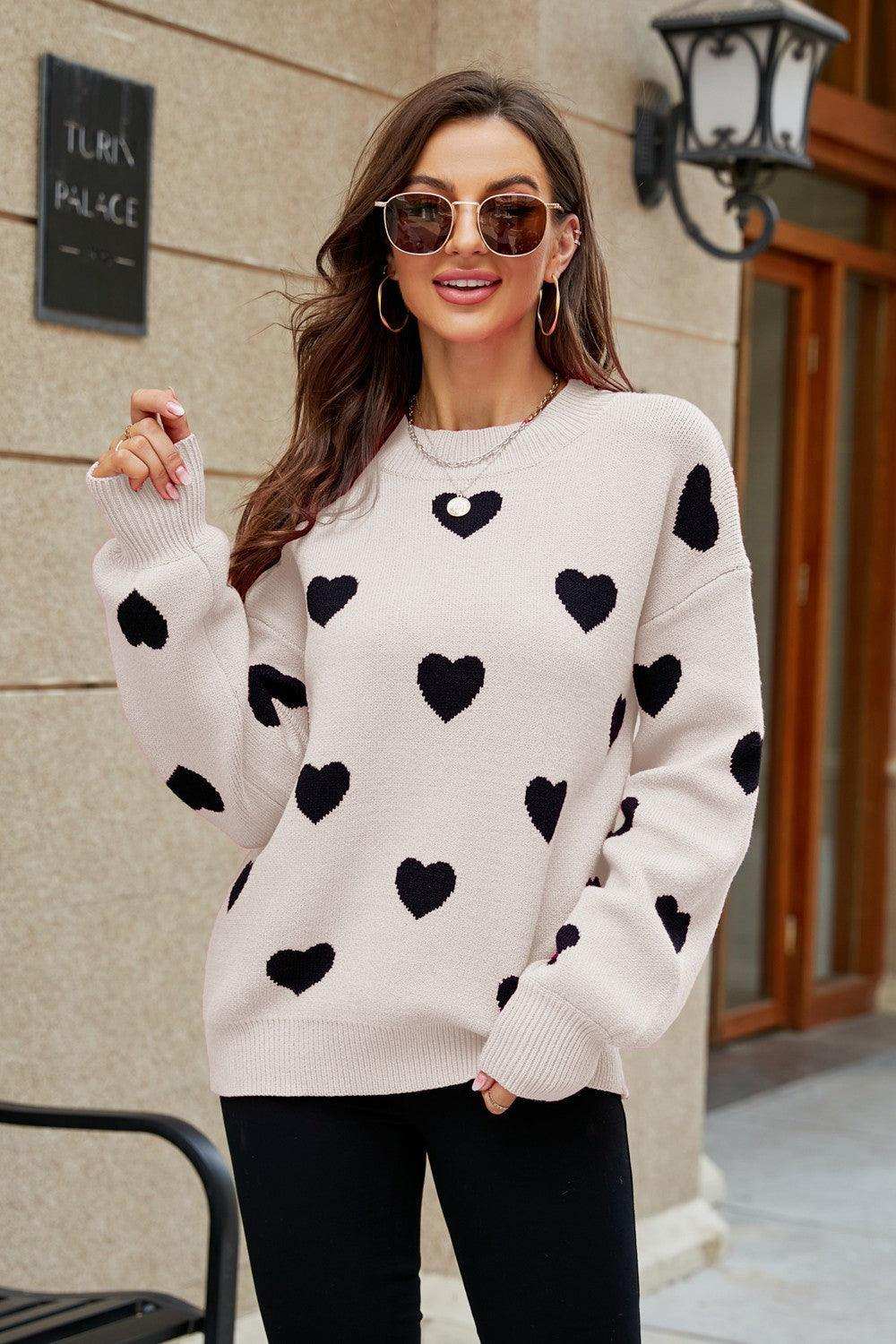 Heart Pattern Lantern Sleeve Round Neck Tunic Sweater - Trendsi - Flyclothing LLC