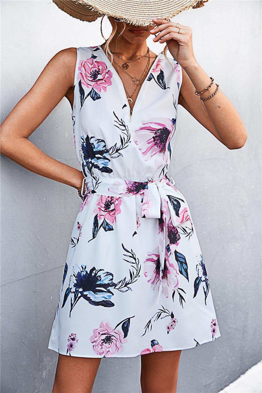 Printed Zip Detail Belted Sleeveless Dress - Trendsi - Flyclothing LLC