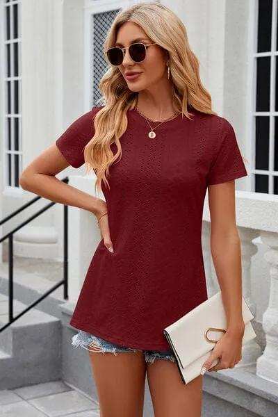 Eyelet Slit Round Neck Short Sleeve T-Shirt - Trendsi - Flyclothing LLC
