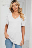 Heathered V-Neck Puff Sleeve T-Shirt - Trendsi - Flyclothing LLC