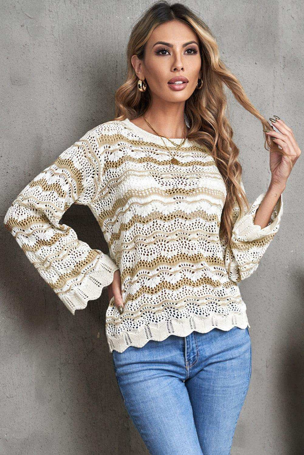Wavy Stripe Scalloped Hem Openwork Knit Top - Trendsi - Flyclothing LLC
