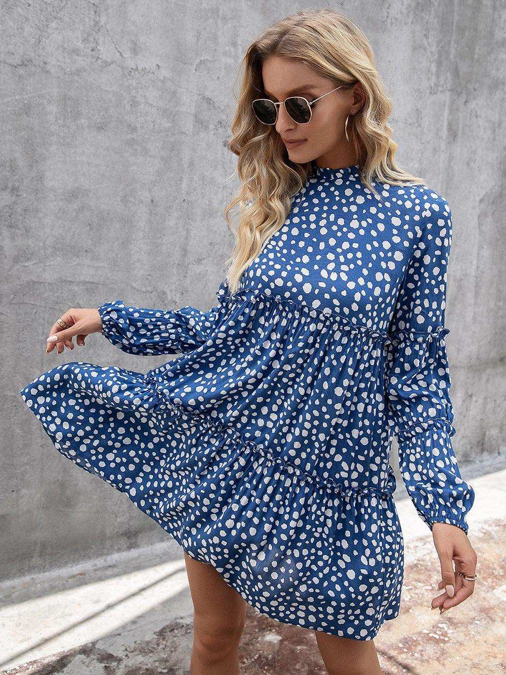 Printed Long Sleeve Tiered Dress - Trendsi - Flyclothing LLC