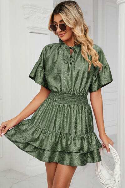 Smocked Tie Neck Flounce Sleeve Dress - Trendsi - Flyclothing LLC