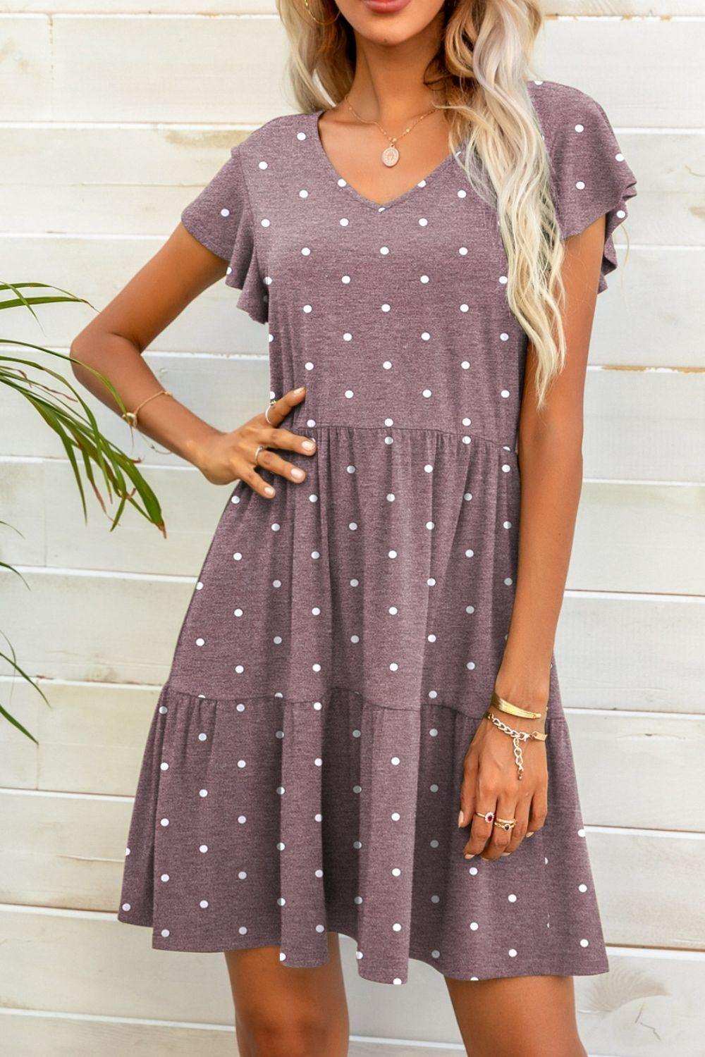 Polka Dot V-Neck Flutter Sleeve Mini Dress - Trendsi - Flyclothing LLC
