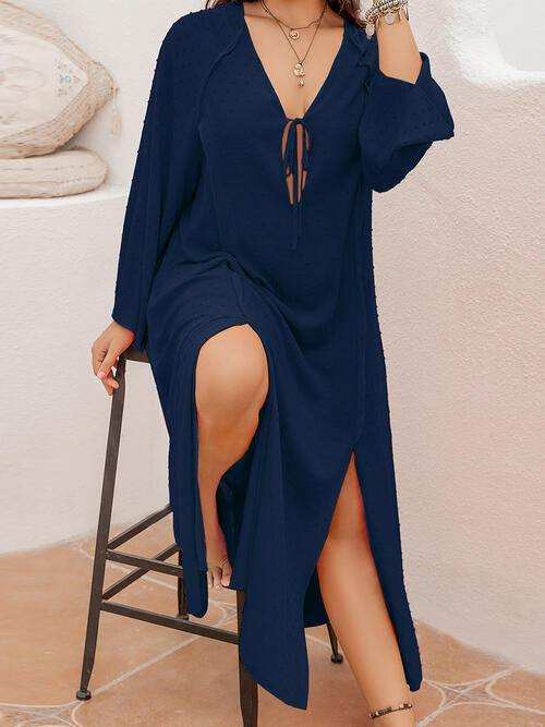 Plus Size Tie Neck Long Sleeve Slit Dress - Trendsi - Flyclothing LLC