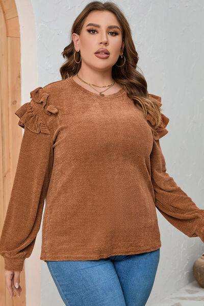 Plus Size Ruffled Round Neck Long Sleeve T-Shirt - Trendsi - Flyclothing LLC