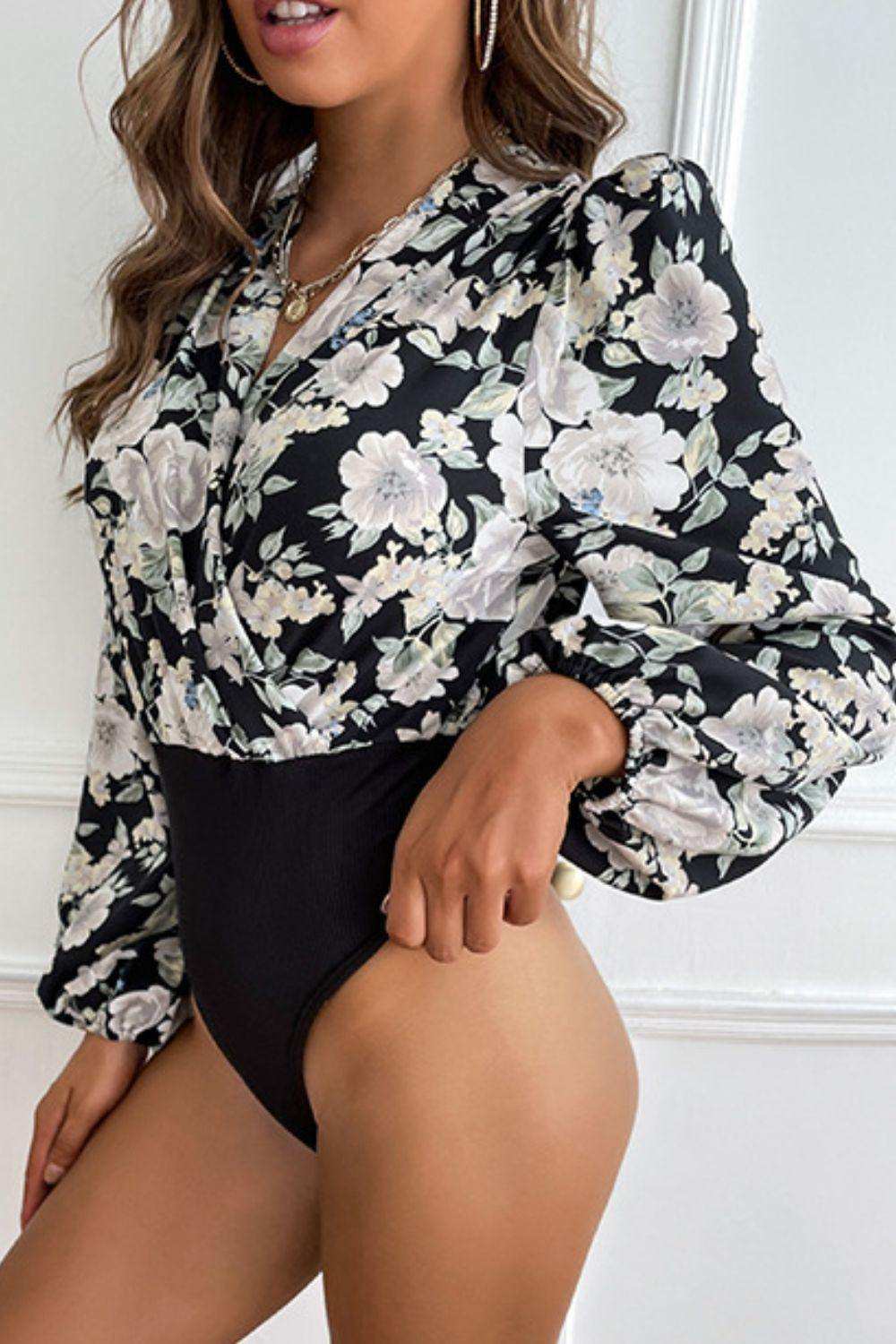 Floral Surplice Neck Puff Sleeve Bodysuit - Trendsi - Flyclothing LLC