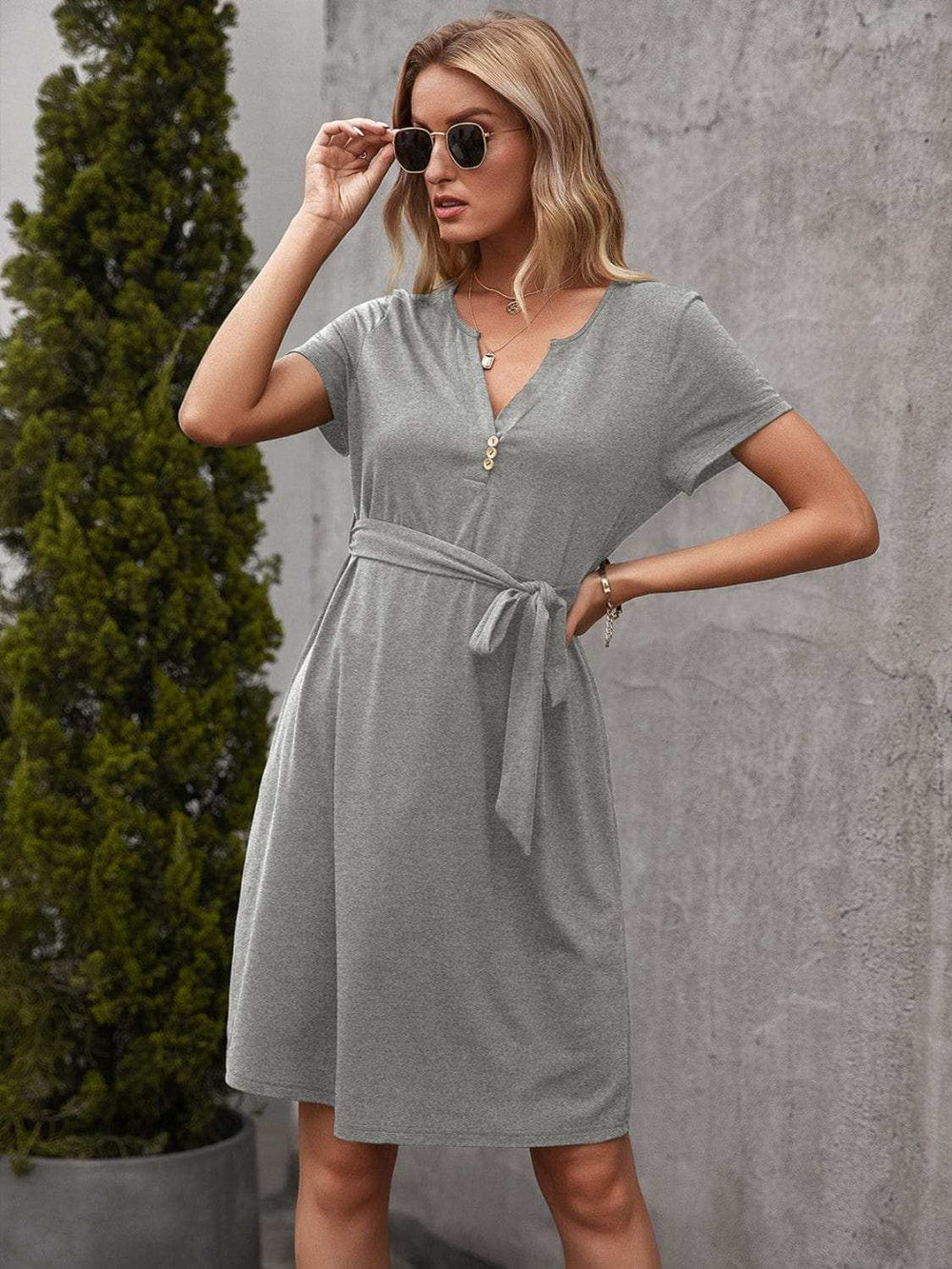 Tied Notched Short Sleeve Dress - Trendsi - Flyclothing LLC