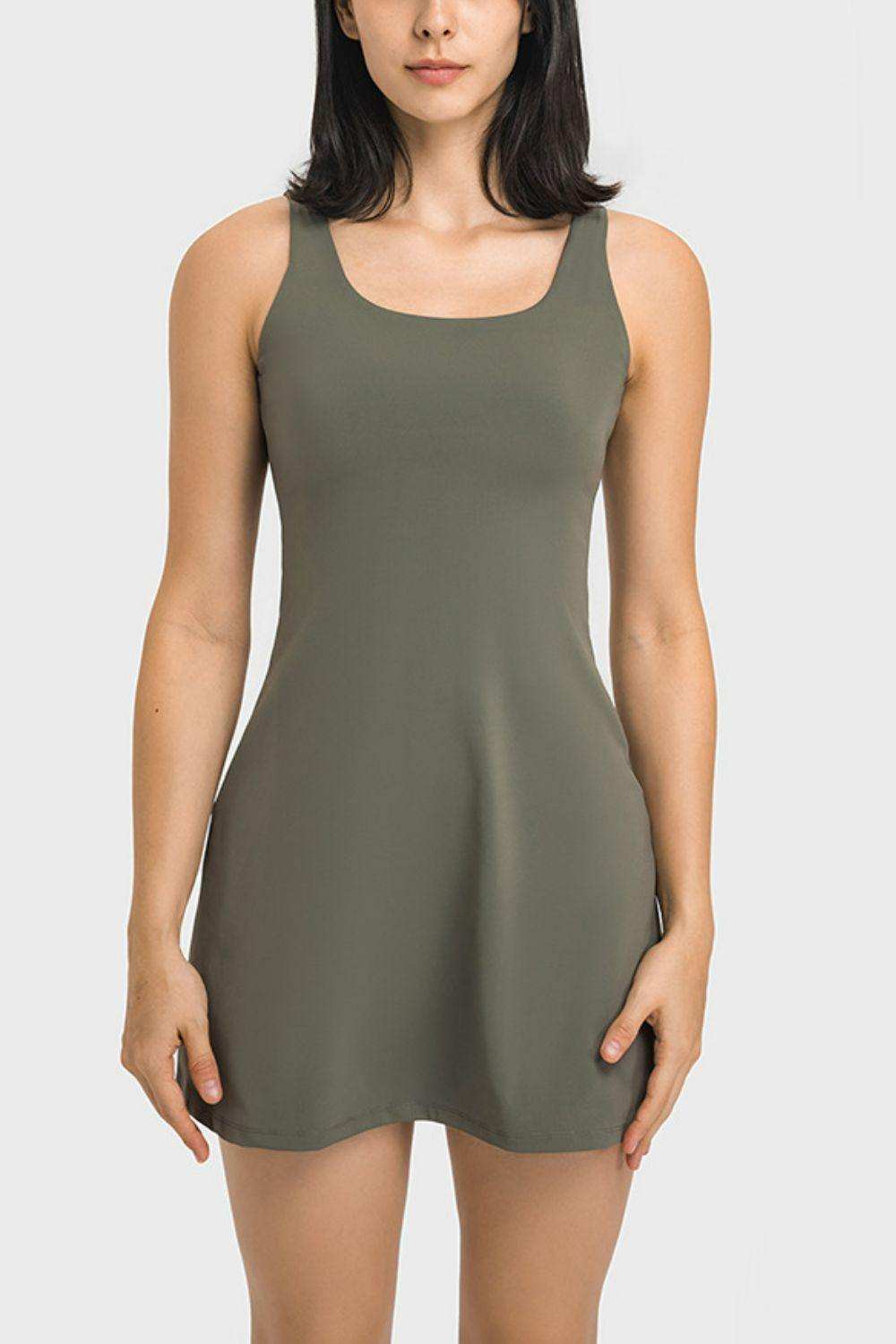 Square Neck Sports Tank Dress with Full Coverage Bottoms - Trendsi - Flyclothing LLC