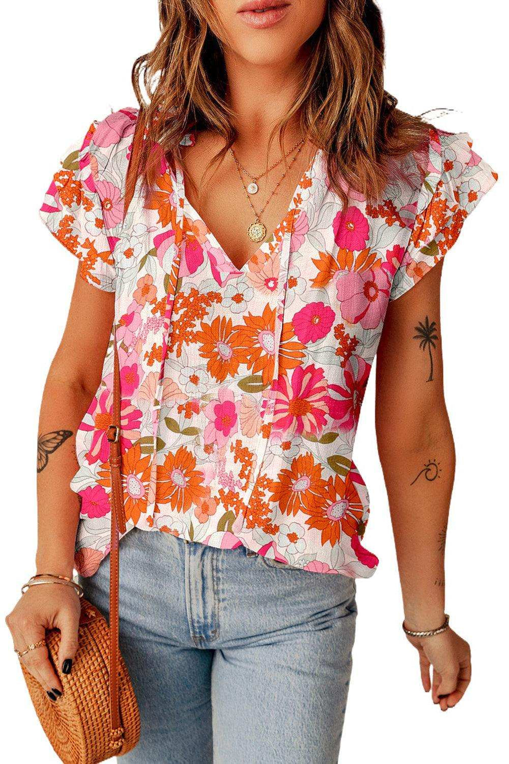 Floral Tie Neck Flutter Sleeve Blouse - Trendsi - Flyclothing LLC