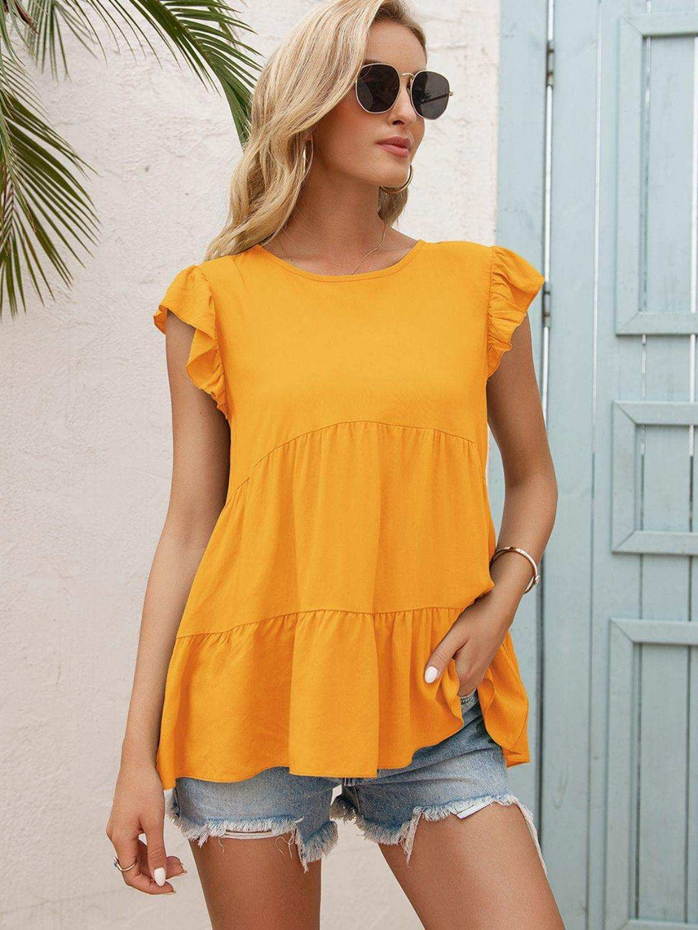 Round Neck Flutter Sleeve Tiered Blouse - Trendsi - Flyclothing LLC