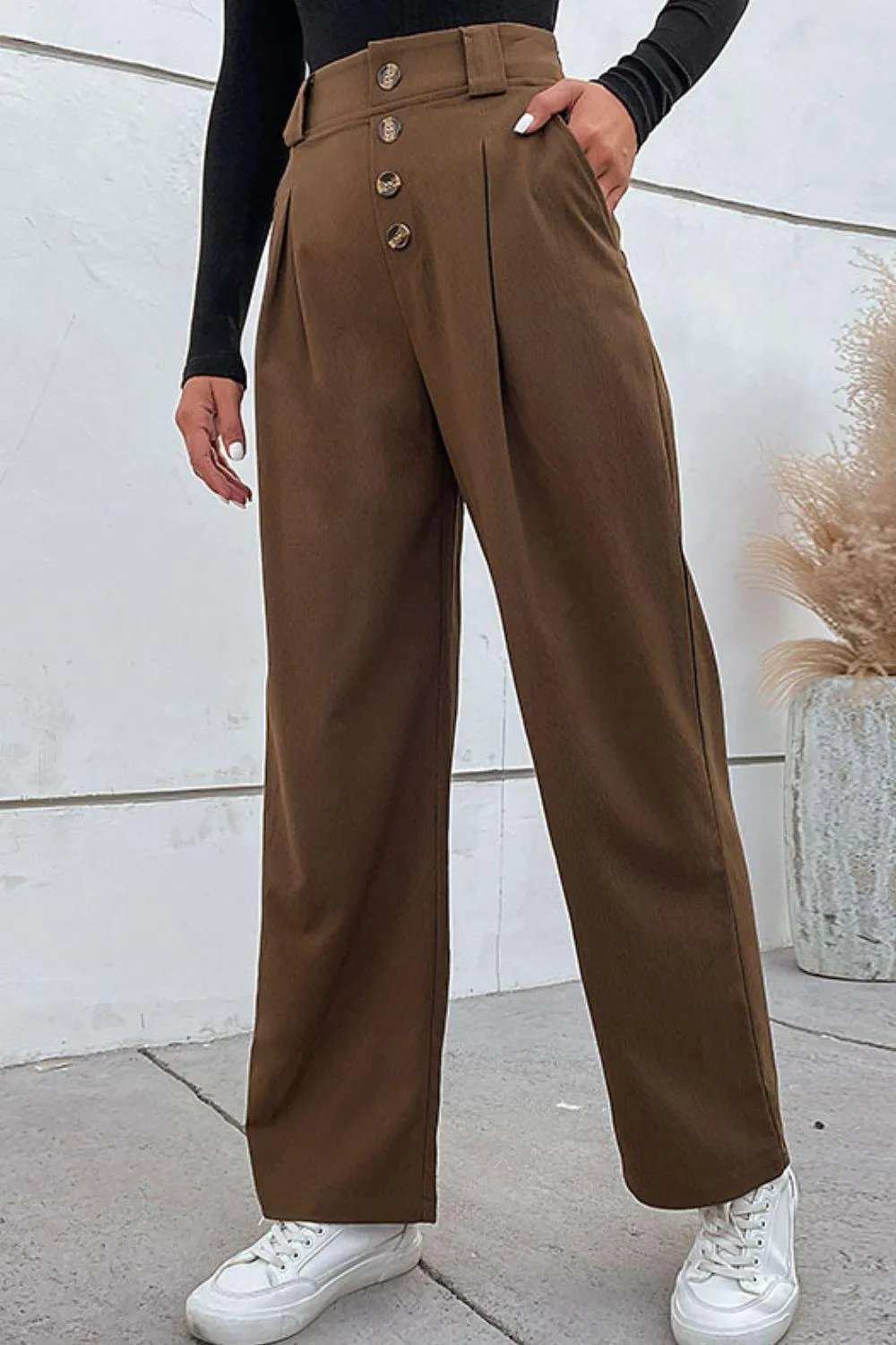 Button-Fly Pleated Waist Wide Leg Pants with Pockets - Trendsi - Flyclothing LLC