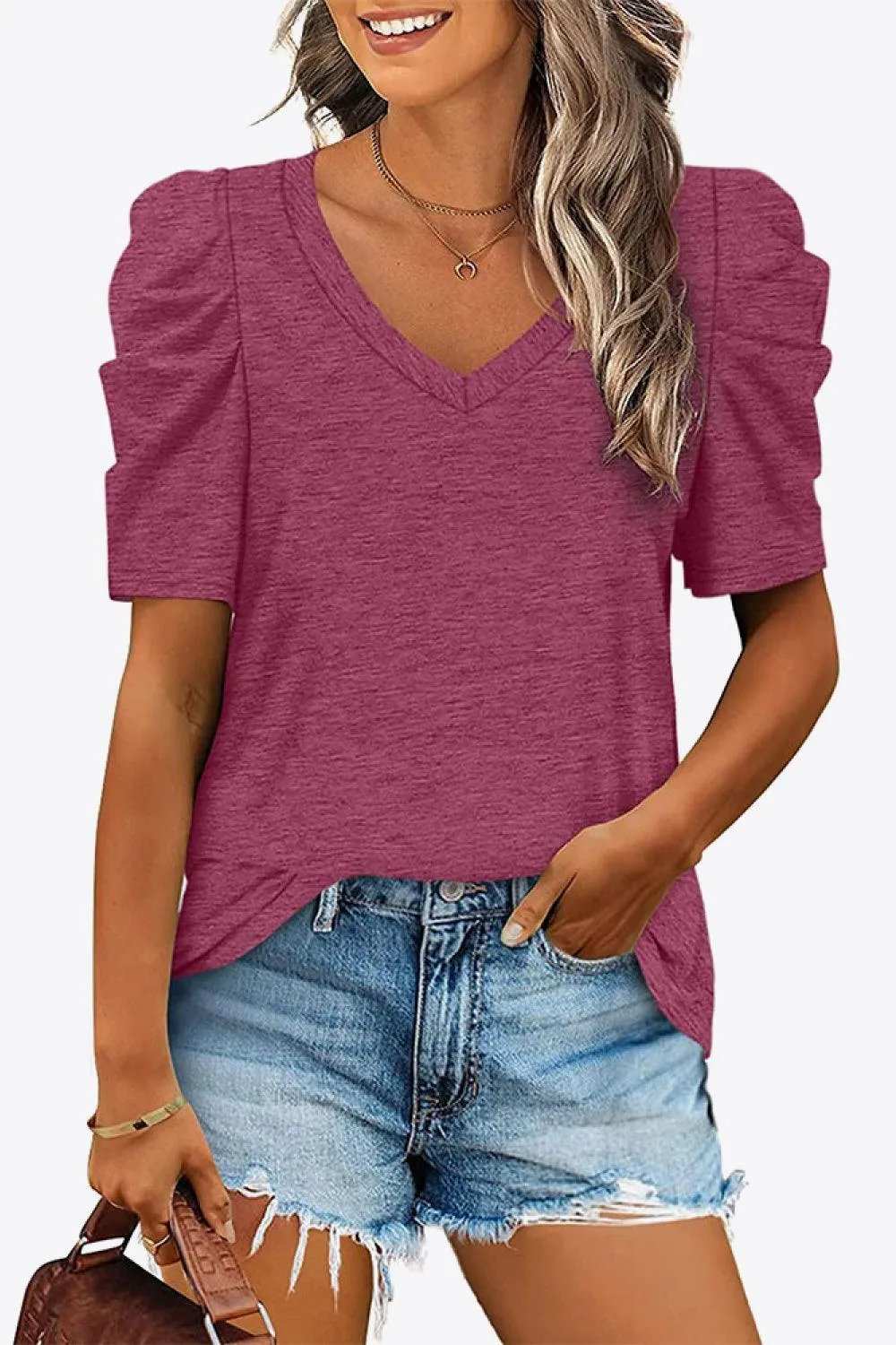 V-Neck Puff Sleeve Tee - Trendsi - Flyclothing LLC