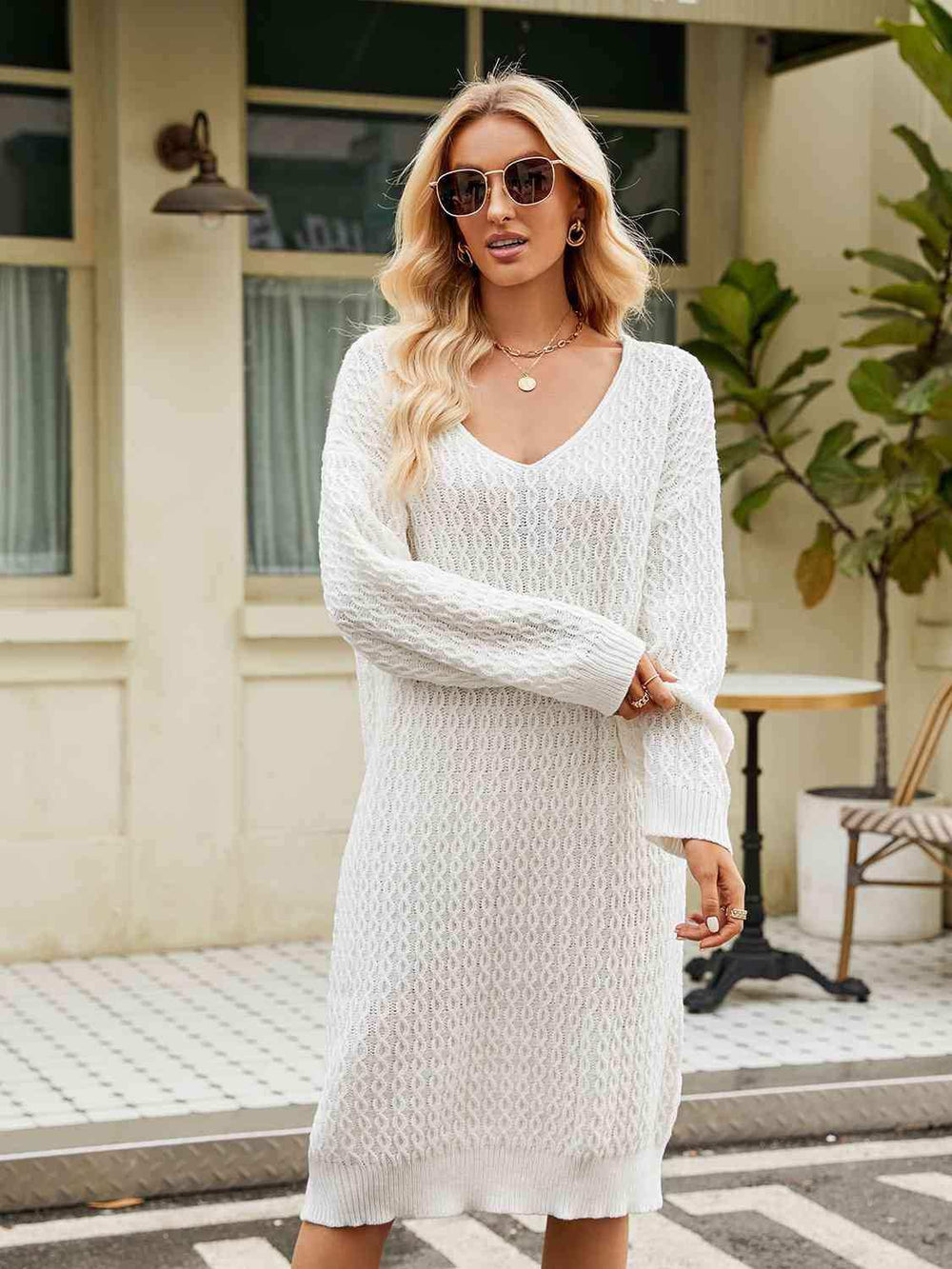 V-Neck Long Sleeve Sweater Dress - Trendsi - Flyclothing LLC