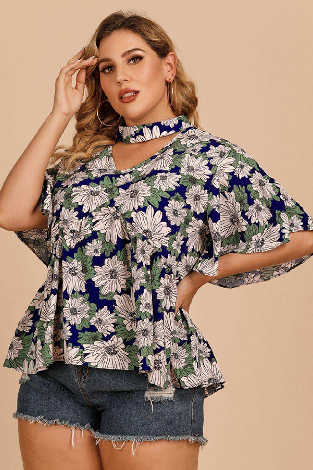 Plus Size Floral Flutter Sleeve Cutout Blouse - Trendsi - Flyclothing LLC