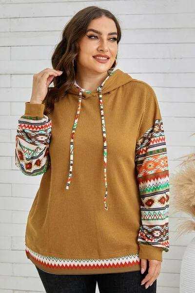 Plus Size Waffle-Knit Geometric Dropped Shoulder Hoodie - Trendsi - Flyclothing LLC