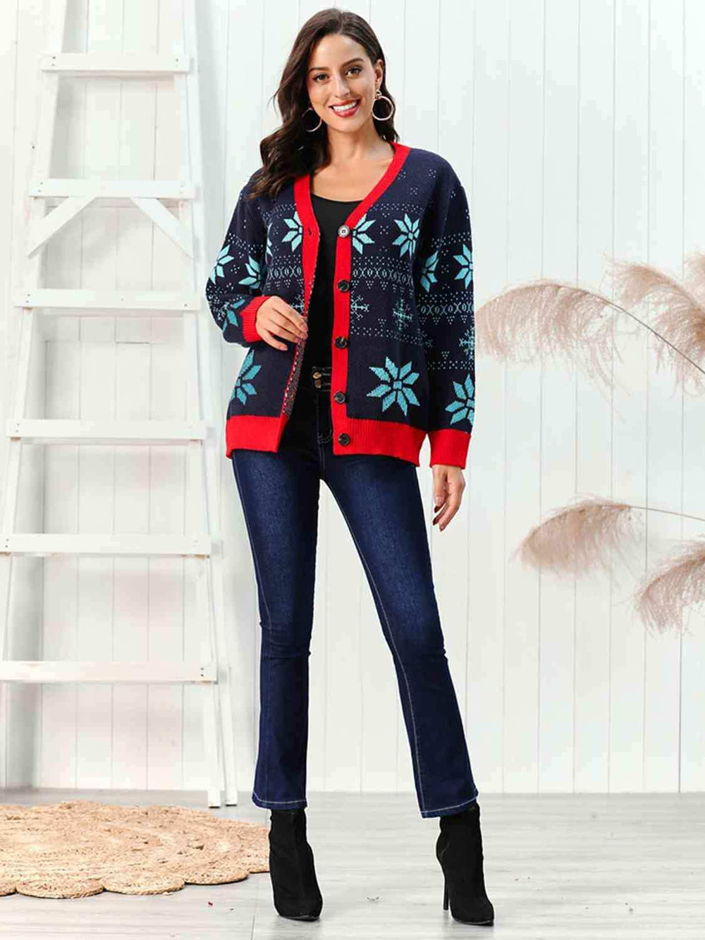 Snowflake Pattern Button Down Cardigan - Trendsi - Flyclothing LLC