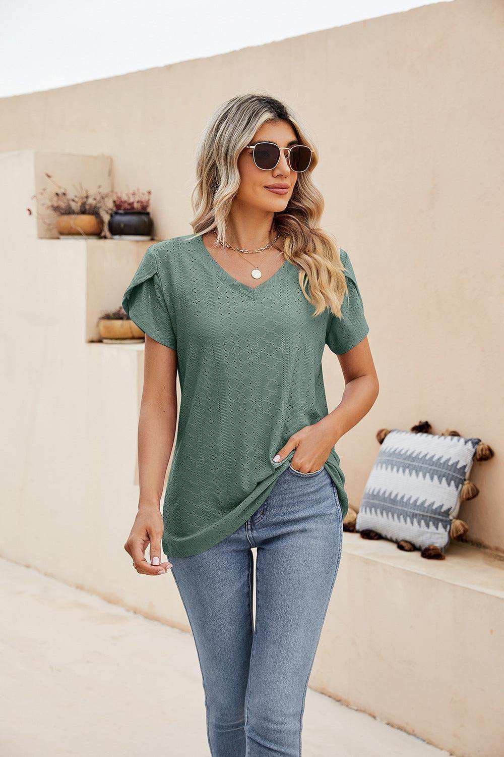Eyelet Petal Sleeve V-Neck Knit Top - Trendsi - Flyclothing LLC