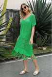 V-Neck Short Sleeve Fringe Hem Knit Dress - Trendsi - Flyclothing LLC