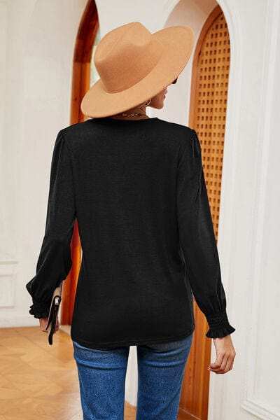 Lace Detail V-Neck Lantern Sleeve T-Shirt - Trendsi - Flyclothing LLC